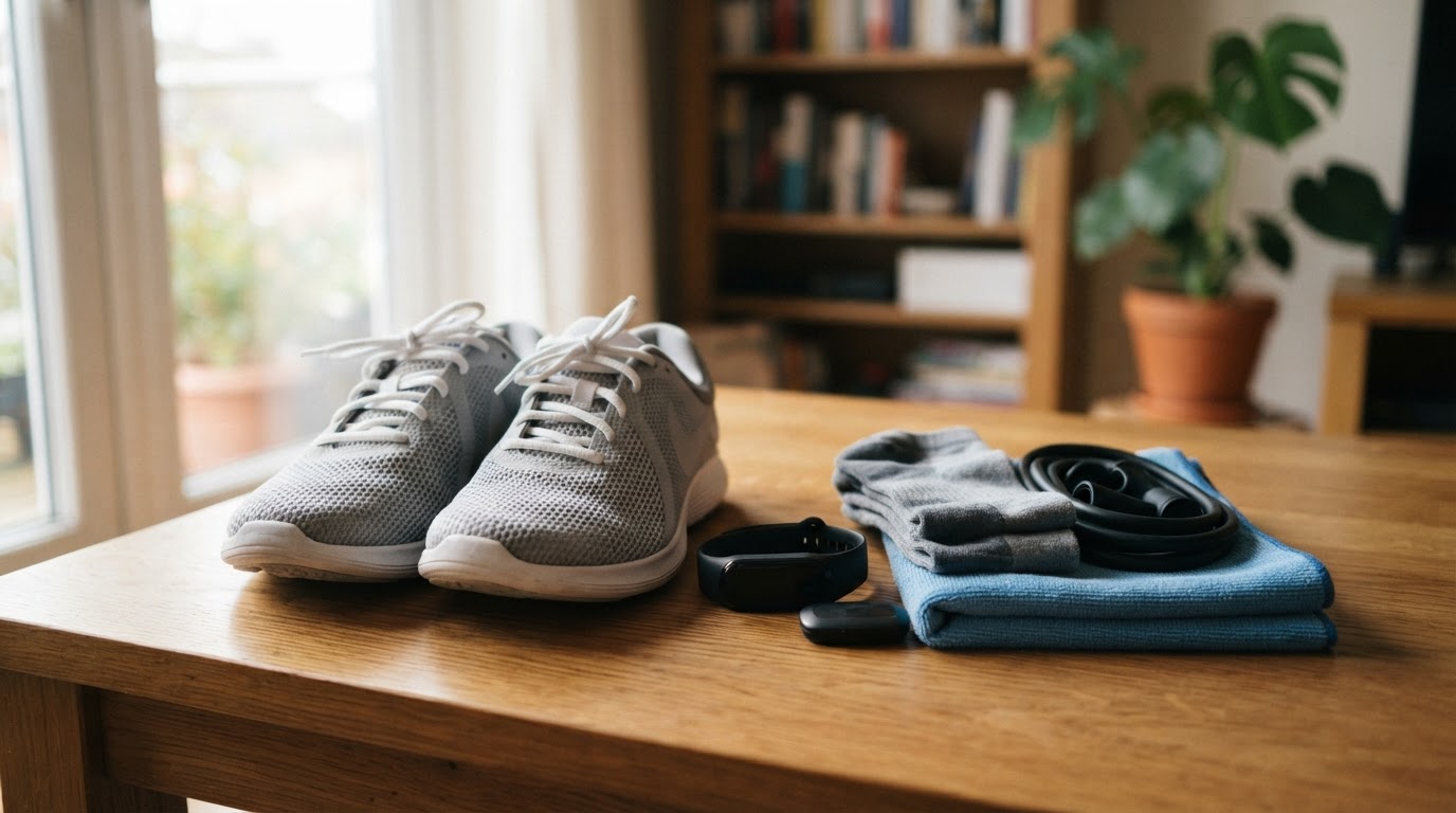 Basic running shoes beside a pile of unused fitness gadgets