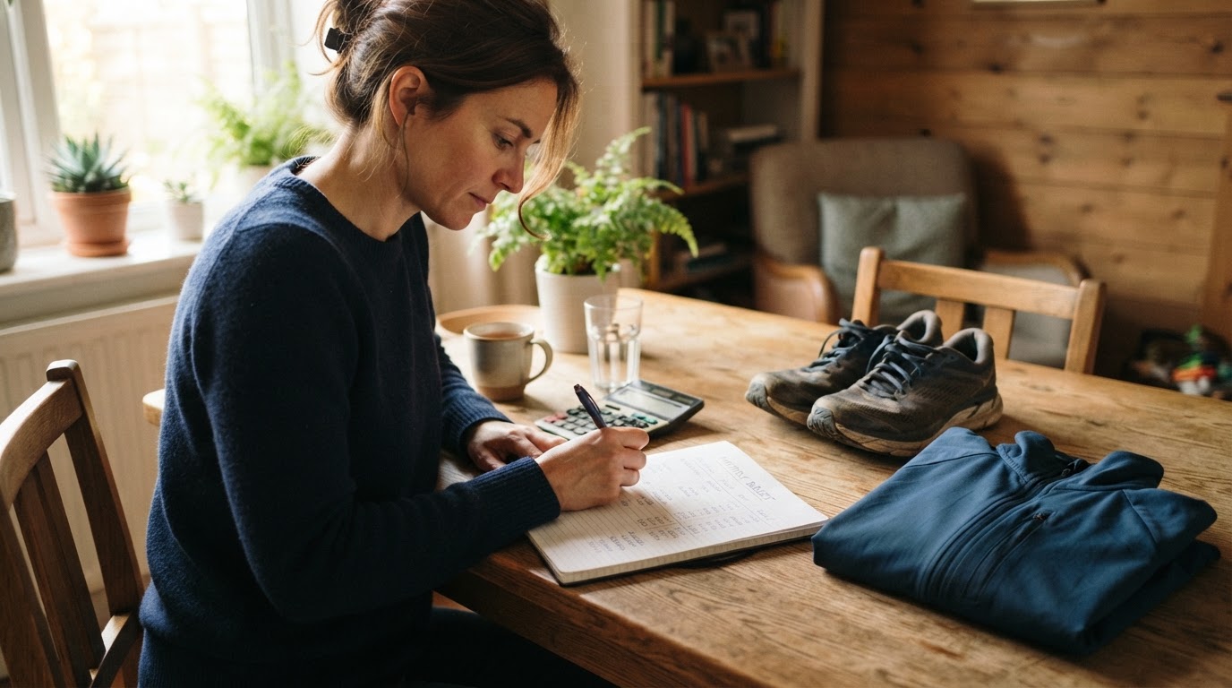 Person working out a running gear budget next to shoes and a jacket