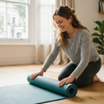 Woman unrolling a plain teal yoga mat on a wooden floor in a bright UK flat