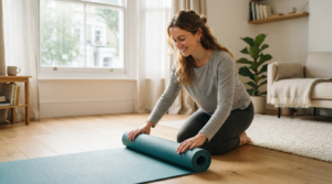 Best yoga mat for beginners UK: grip, thickness and price tiers 20 Woman unrolling a plain teal yoga mat on a wooden floor in a bright UK flat