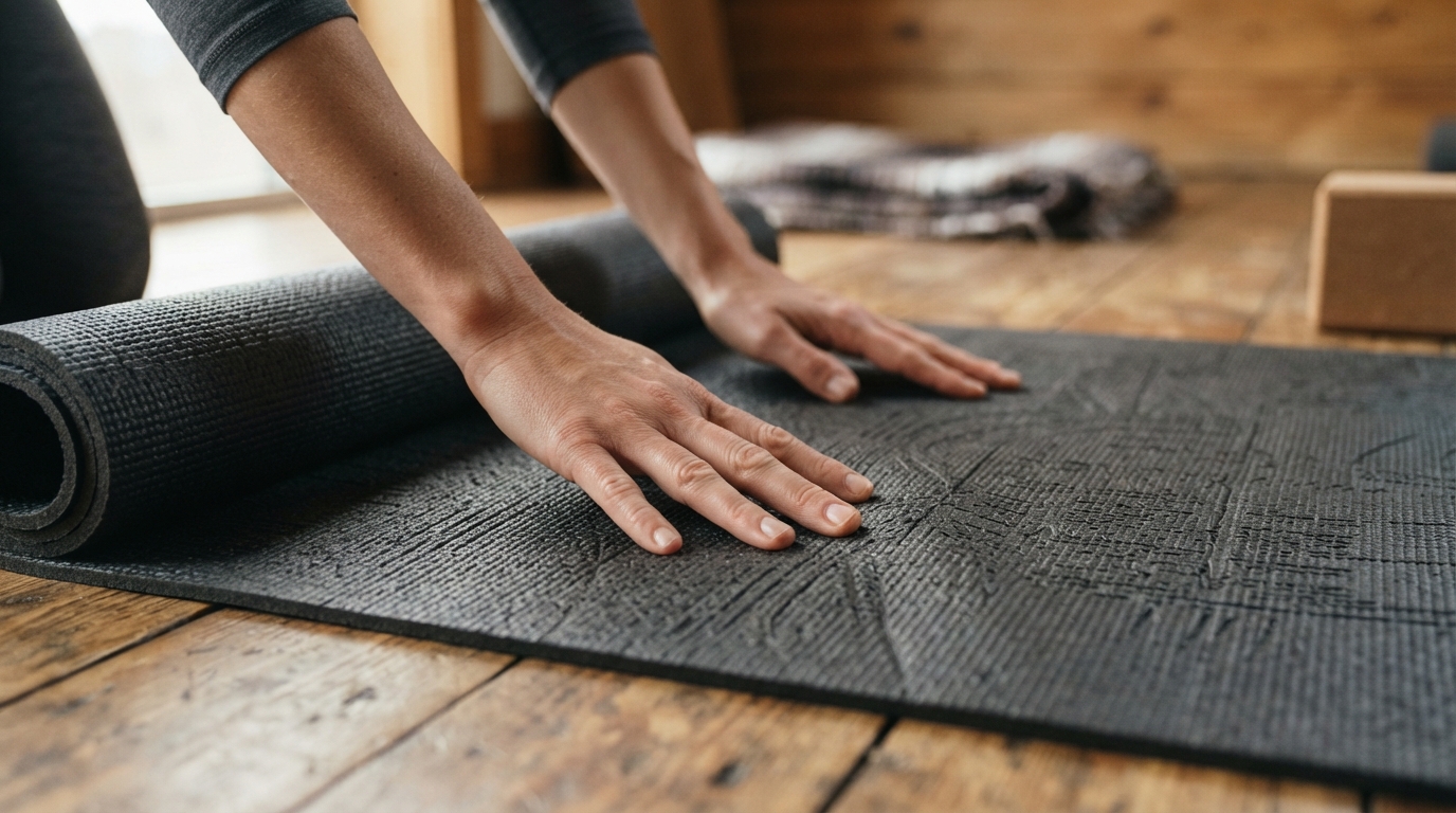 Close up of hands pressing into the textured grip surface of a rubber yoga mat