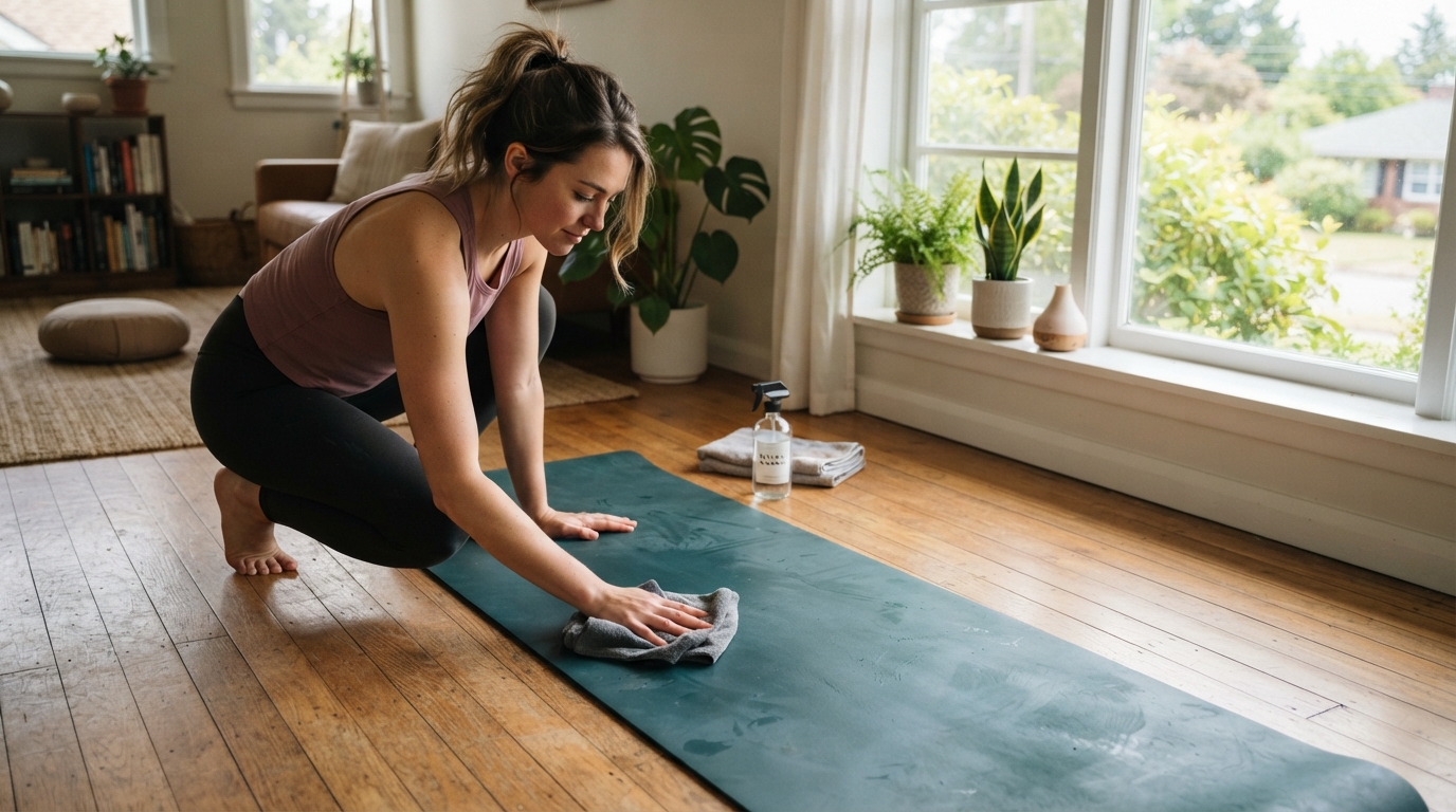 Person cleaning a yoga mat with a damp cloth after a home yoga session