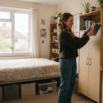 Small UK rented bedroom neatly organised with under-bed boxes and a slim wardrobe