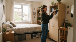 Small bedroom storage ideas for renters who cannot drill a hole 19 Small UK rented bedroom neatly organised with under-bed boxes and a slim wardrobe