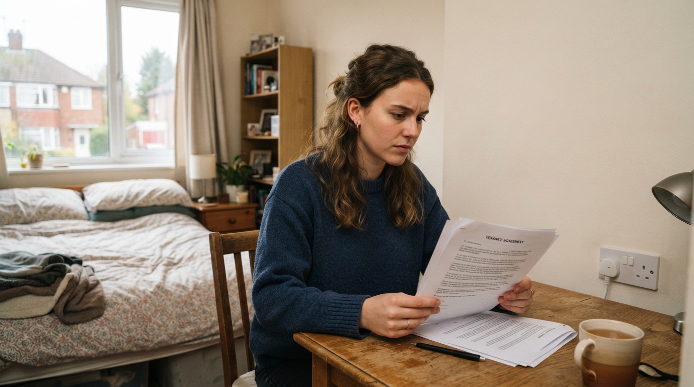 A tenant reading a tenancy agreement at a desk in a small UK bedroom