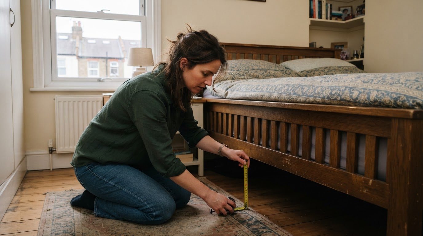 Renter measuring the gap under a bed frame with a tape measure