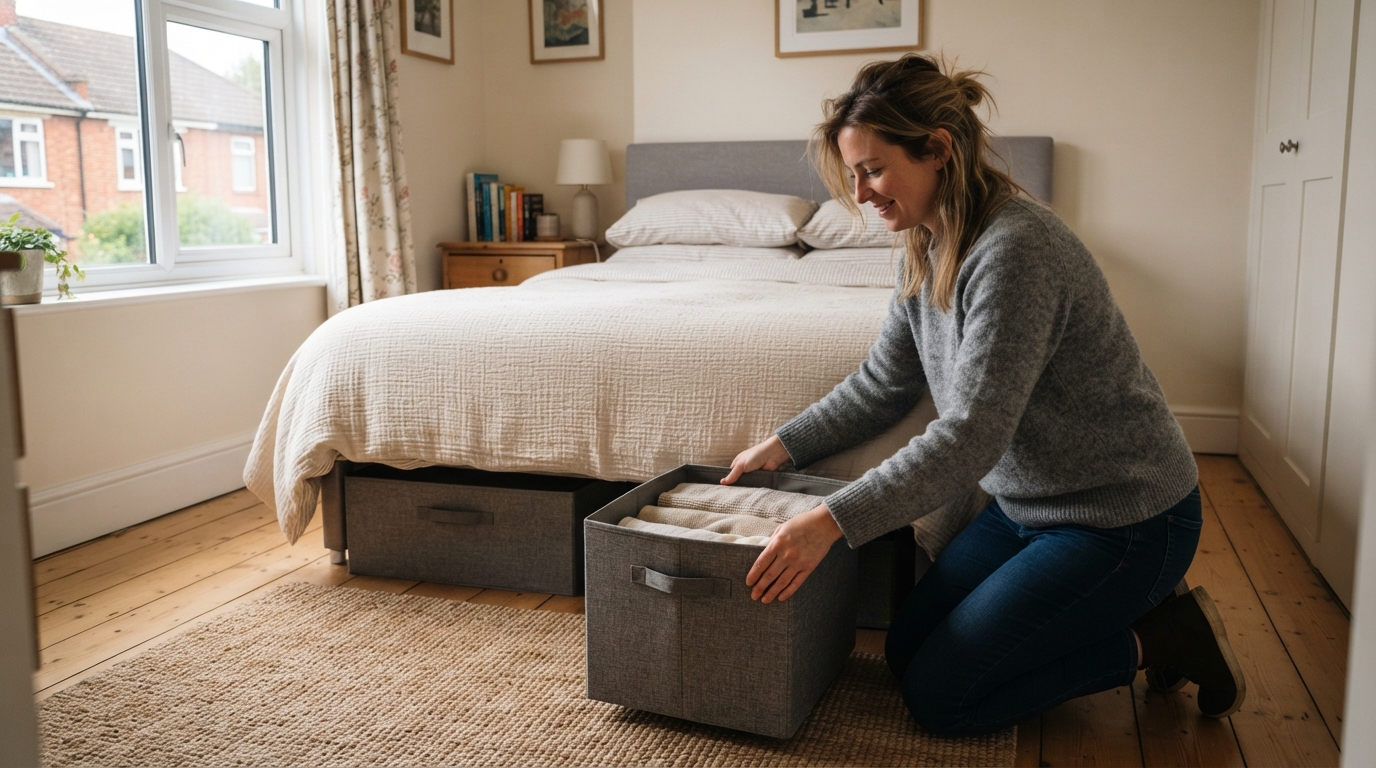 Renter pulling a fabric storage box out from under a bed