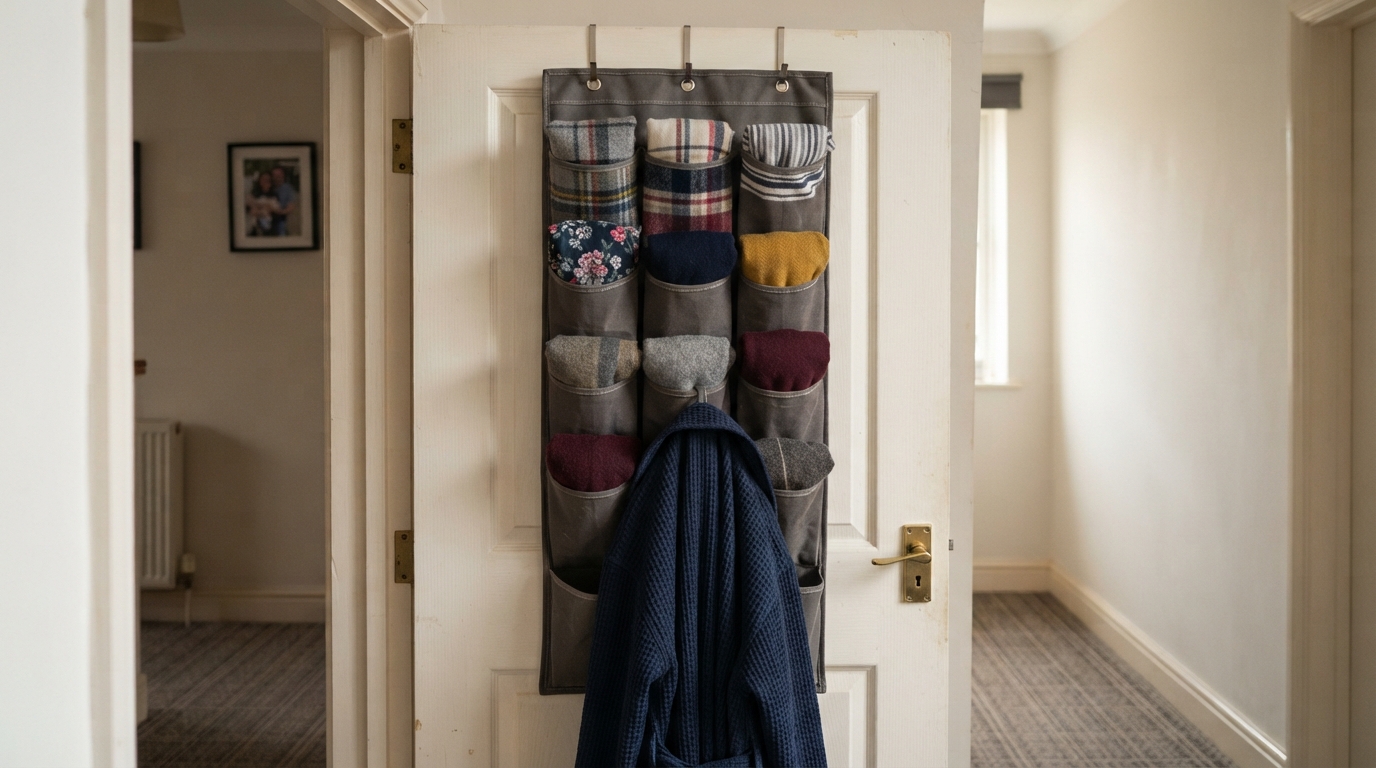 Fabric over-door organiser hanging on the back of a bedroom door