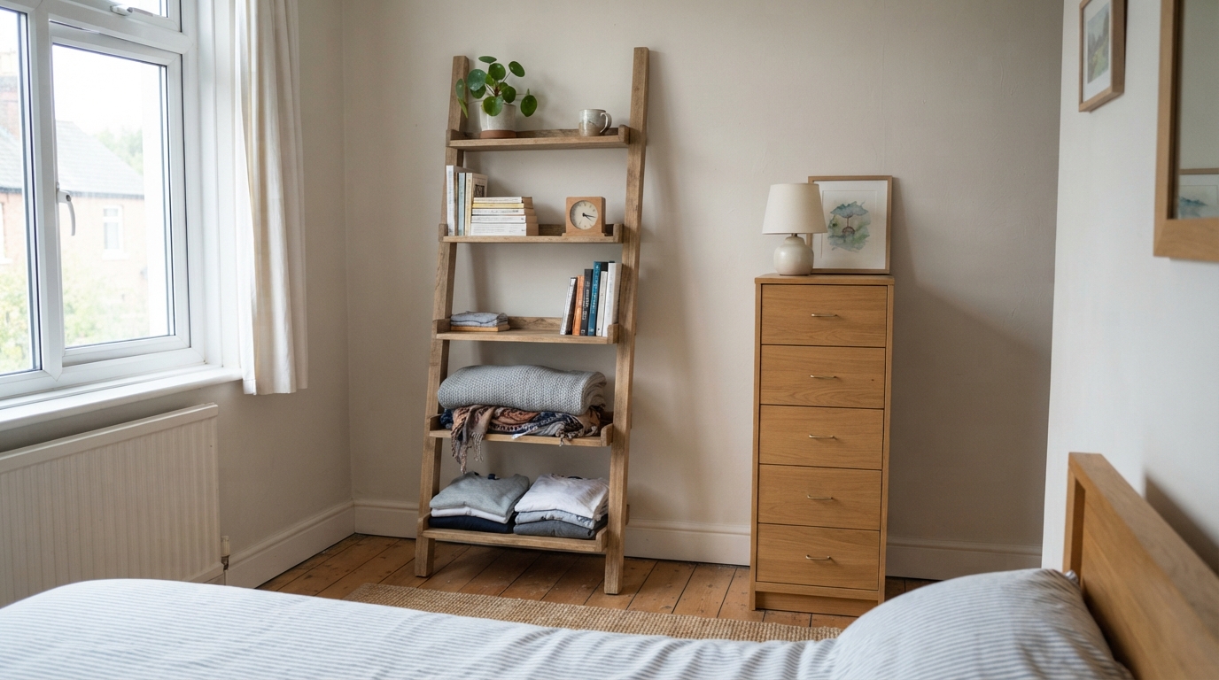 Narrow ladder shelf and drawer tower in the corner of a small bedroom