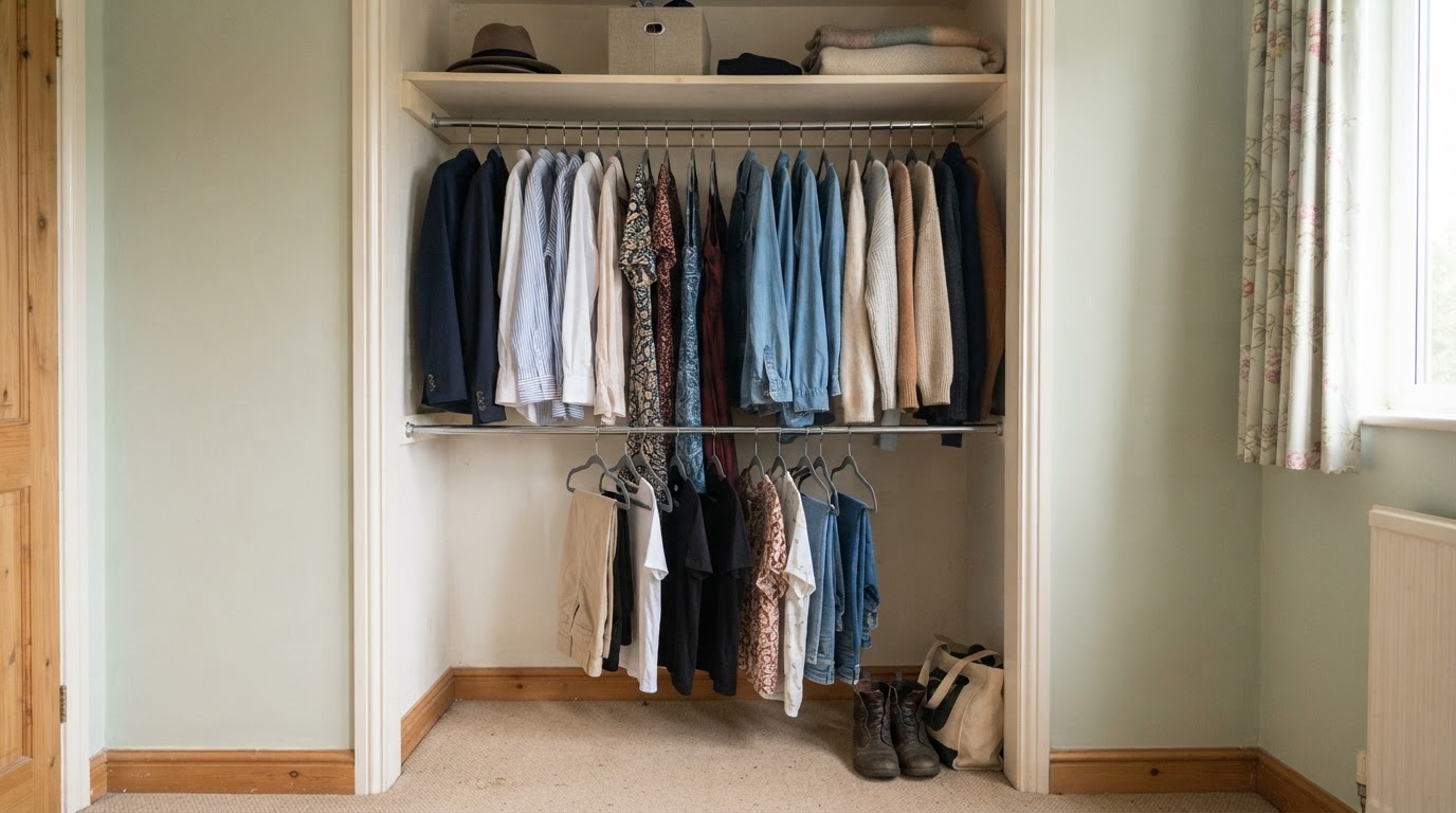 Wardrobe alcove with clothes on slim hangers and a tension rod