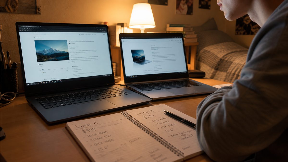 Student comparing two budget laptops side by side on a desk