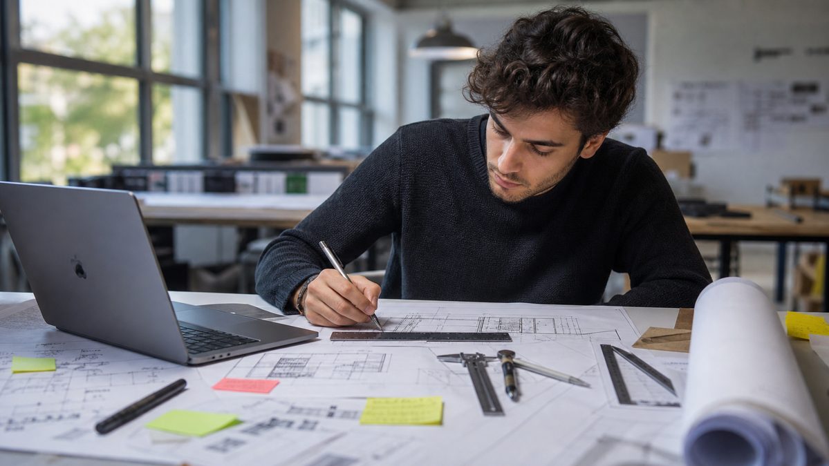 Engineering or design student working between a laptop and printed technical drawings