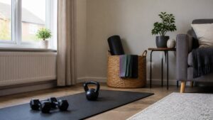 Compact home workout corner in a small UK flat living room