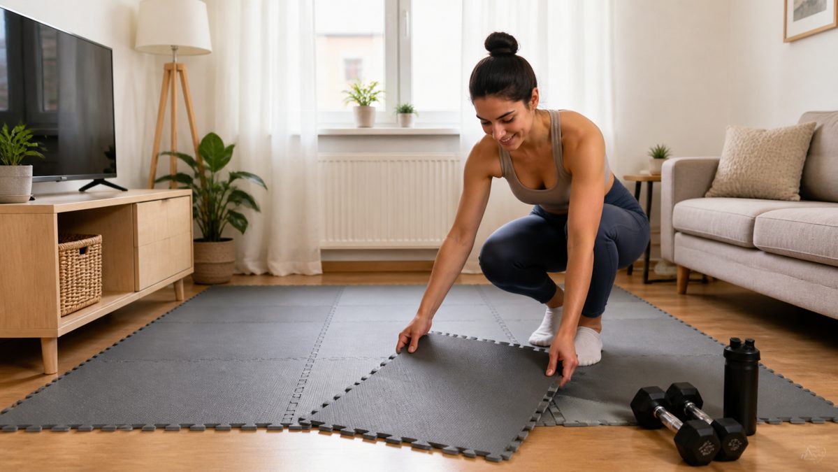 Interlocking foam floor mats laid out under a home workout area