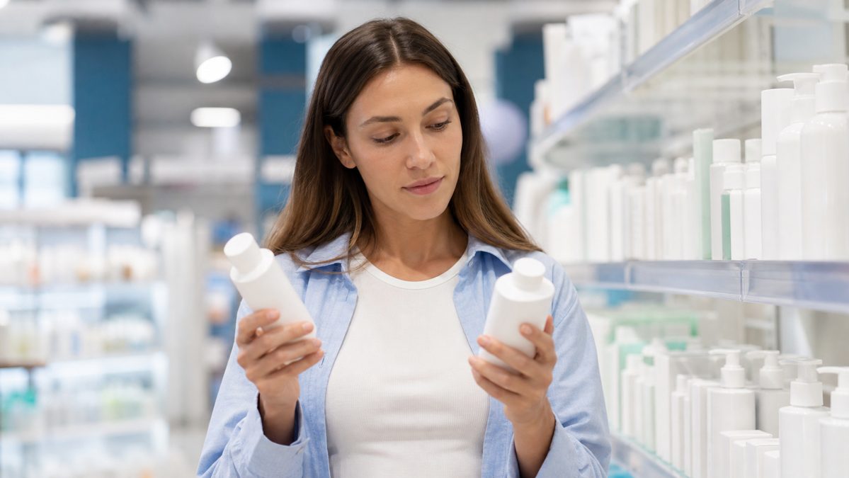 Woman comparing two probiotic skincare bottles in a pharmacy aisle