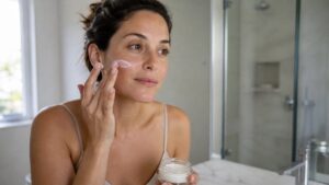 Woman gently applying a probiotic skincare cream to her cheek in a bright bathroom