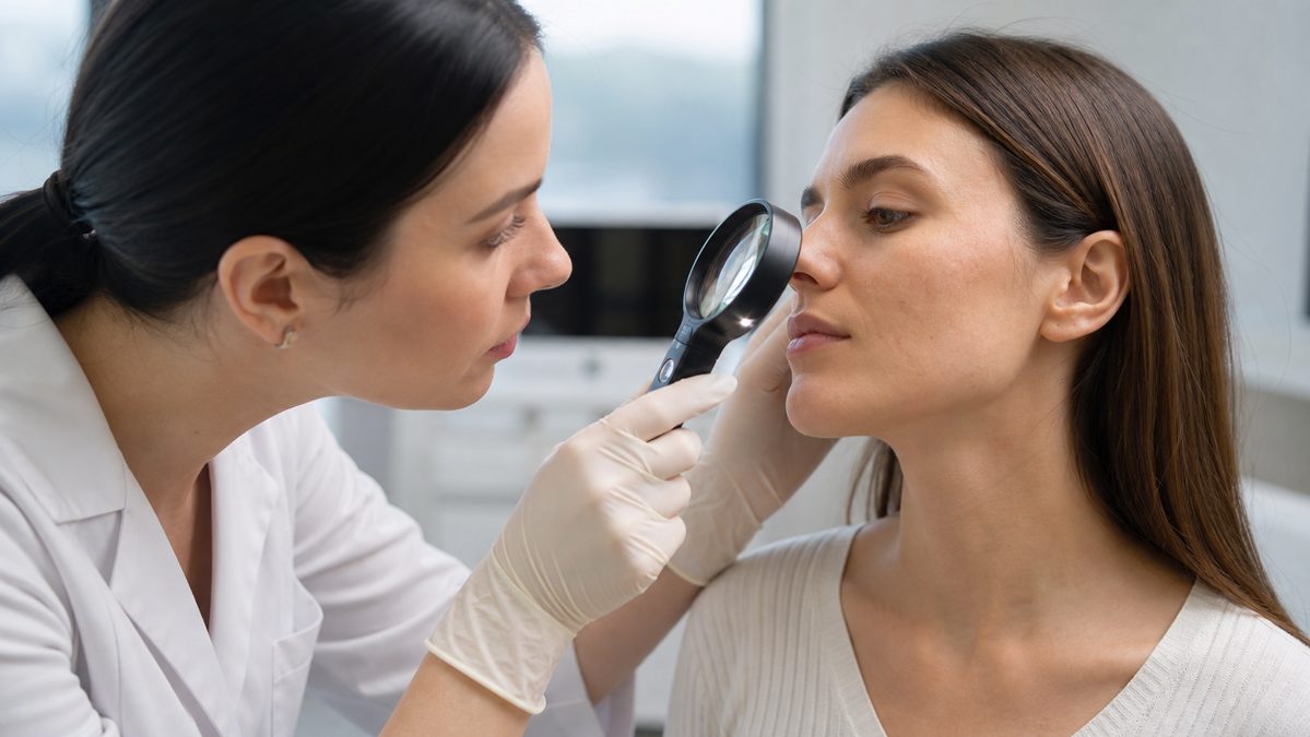 Dermatologist examining a patient's skin closely to assess its microbiome balance