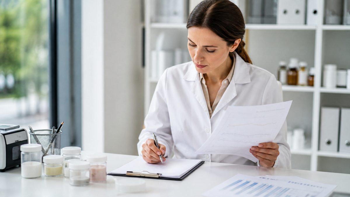 Researcher reviewing printed clinical trial charts in a dermatology research office