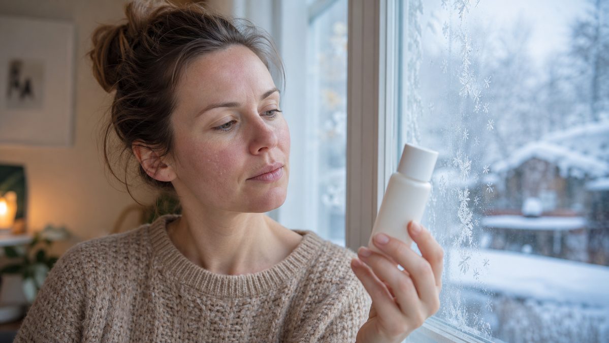 Woman with dry, flaky winter skin considering a probiotic skincare bottle