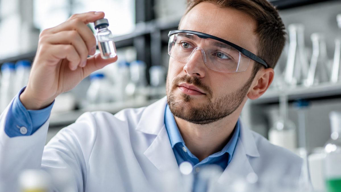Scientist in a laboratory examining a vial of fermented skincare ingredient