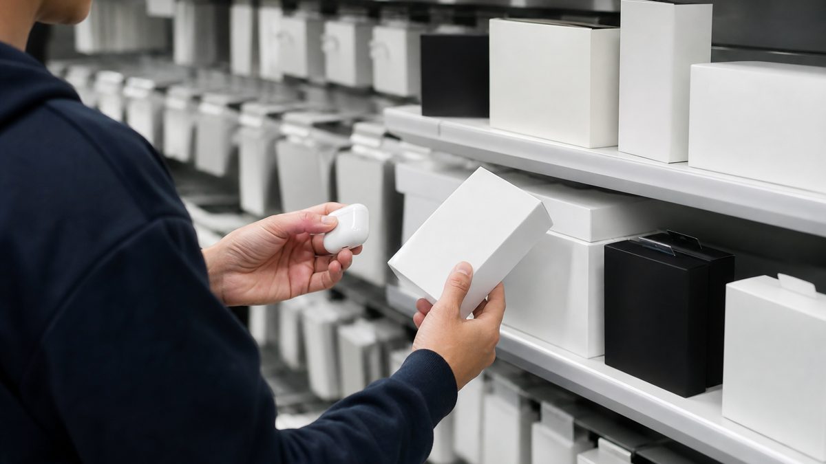Shopper comparing wireless earbuds cases on a UK electronics store shelf