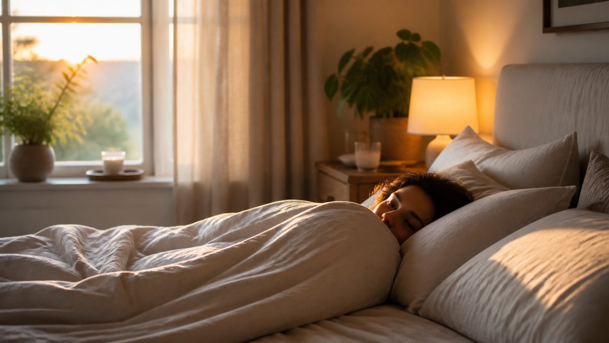 Person waking up as a warm bedside lamp gradually brightens in a cosy bedroom