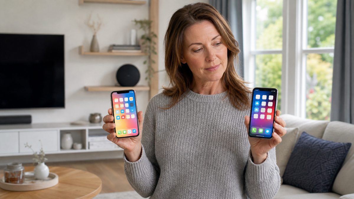 Woman comparing two smart home apps on her phone in a bright UK living room