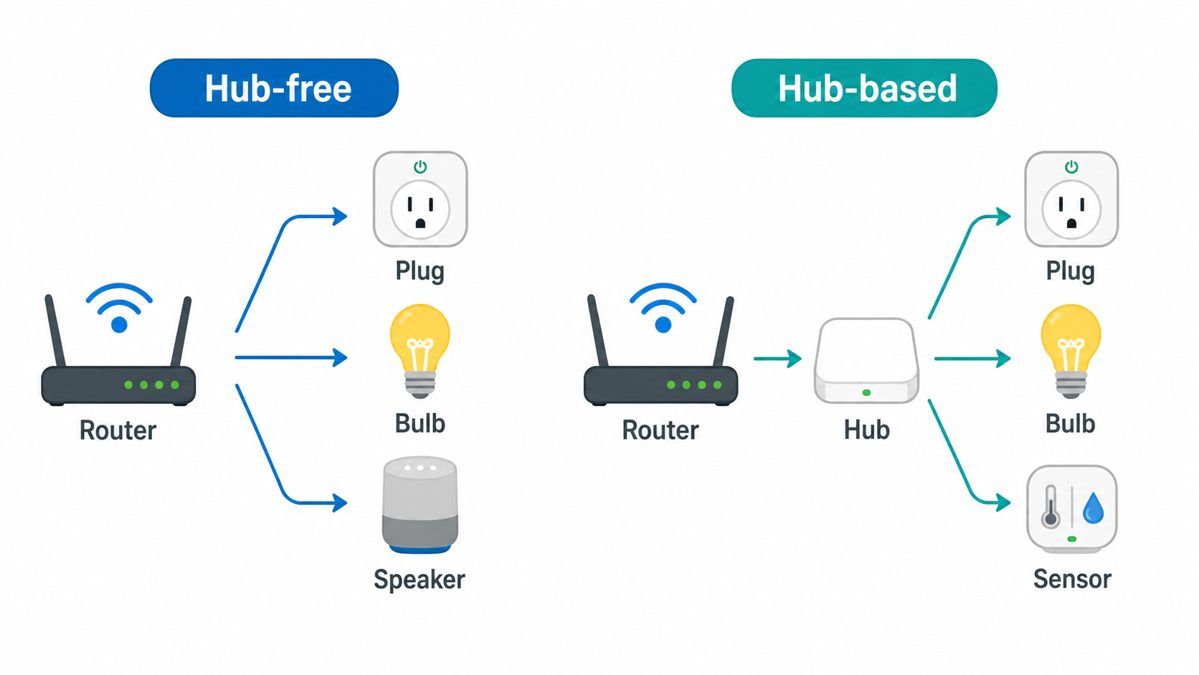 Diagram comparing hub-free Wi-Fi smart home devices with hub-based Zigbee or Thread devices