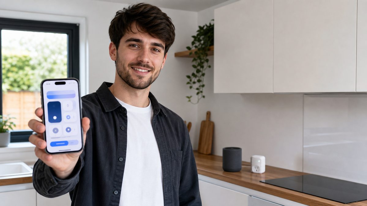 Man checking a smart home app on his phone in a modern UK kitchen