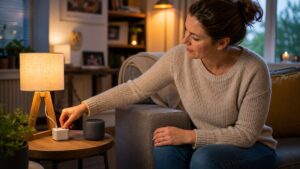 Woman adjusting a lamp connected to a compact smart plug in a cosy UK living room
