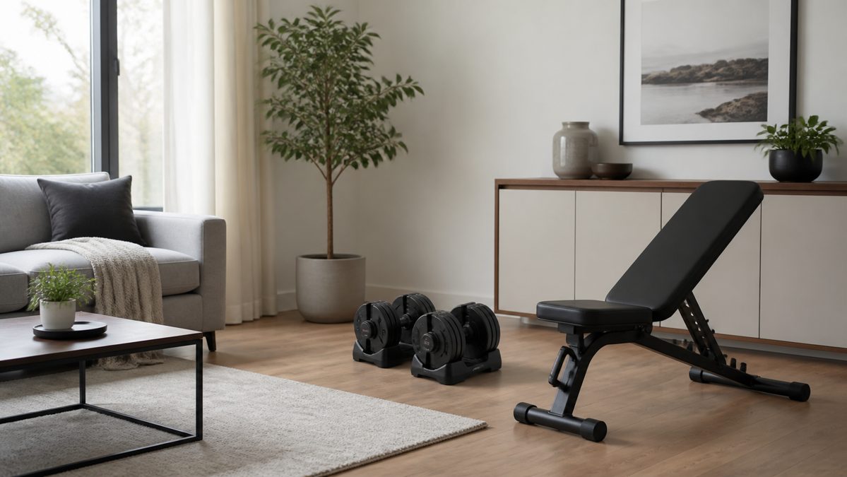 Adjustable dumbbells and folding bench in a small flat living room corner