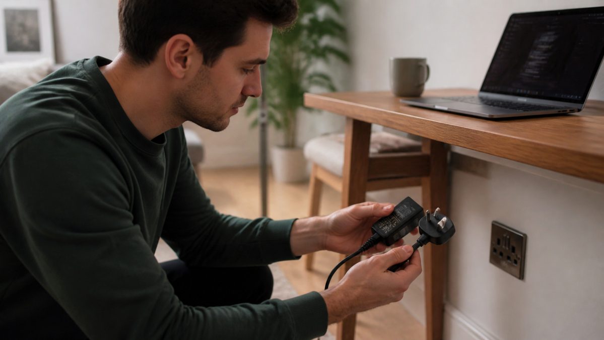 Student checking a laptop charger and UK three-pin plug at home