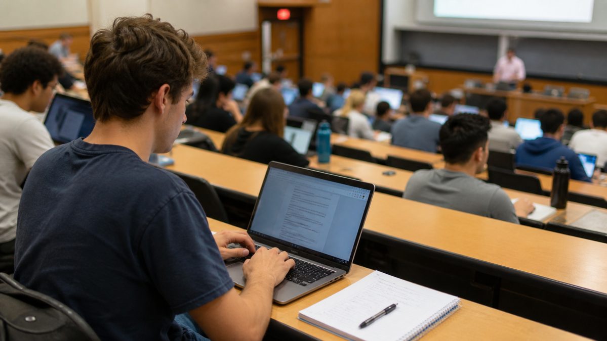 Student typing lecture notes on a laptop during a university lecture