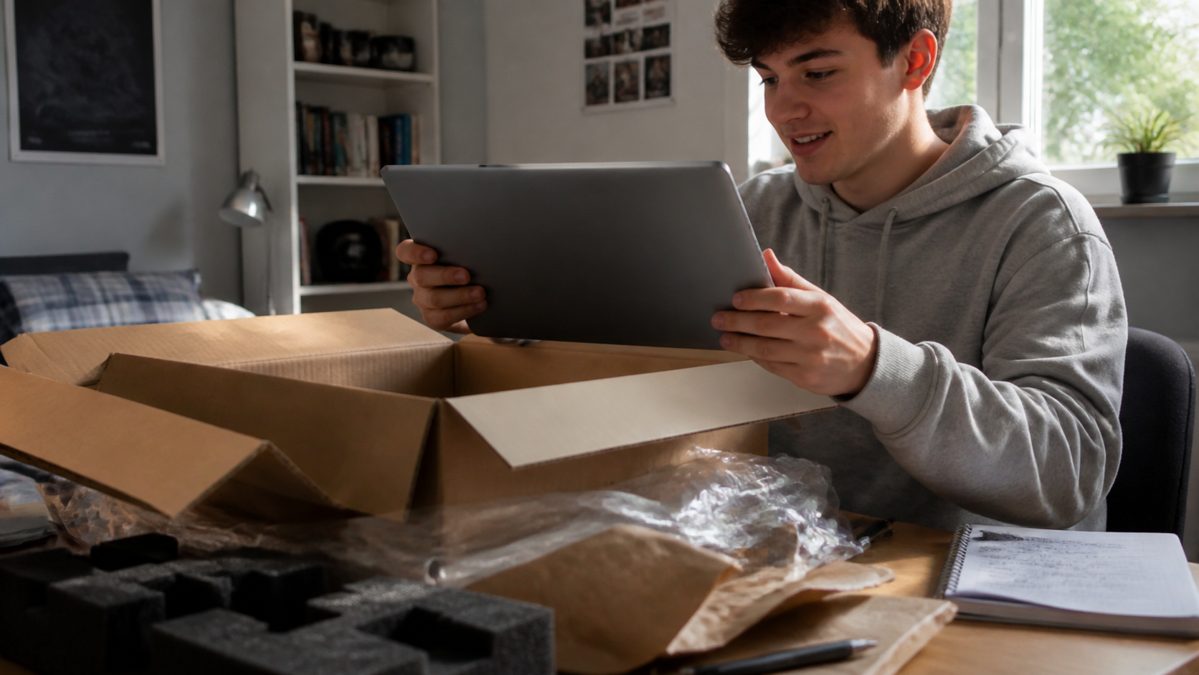 Student unboxing a laptop on a bedroom desk