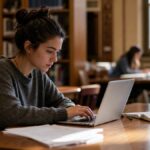 UK university student working on a budget laptop at a library desk