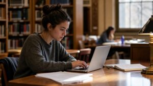 UK university student working on a budget laptop at a library desk