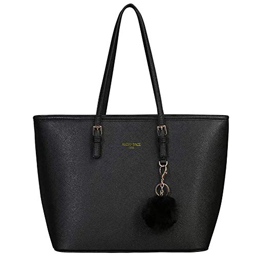 PU Leather Tote Handbag w/ Rabbit Fur Pom Pom URAQT 1 URAQT Stylish PU Leather Women Handbag