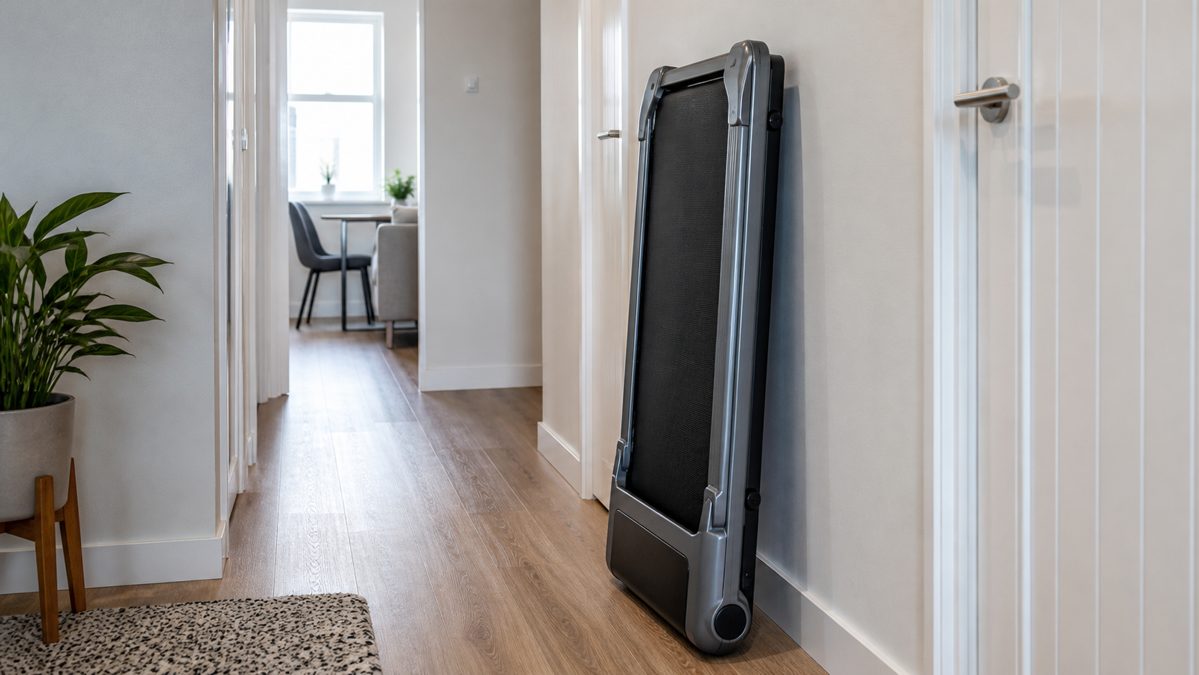 Slim folding walking pad treadmill in a narrow UK flat hallway