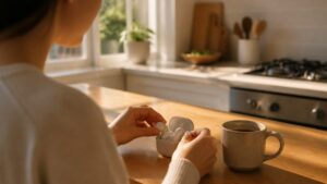 Person placing wireless earbuds into their charging case at home