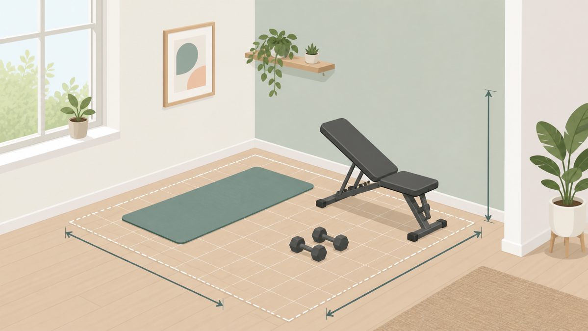 Diagram showing floor space measurements for a small home workout area