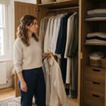 Woman standing in front of a neatly organized capsule wardrobe choosing an outfit