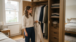 Capsule wardrobe basics UK: real high street and mid-range prices 18 Woman standing in front of a neatly organized capsule wardrobe choosing an outfit