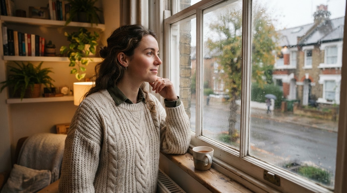 Woman wearing a knit jumper looking out of a window at rainy British weather