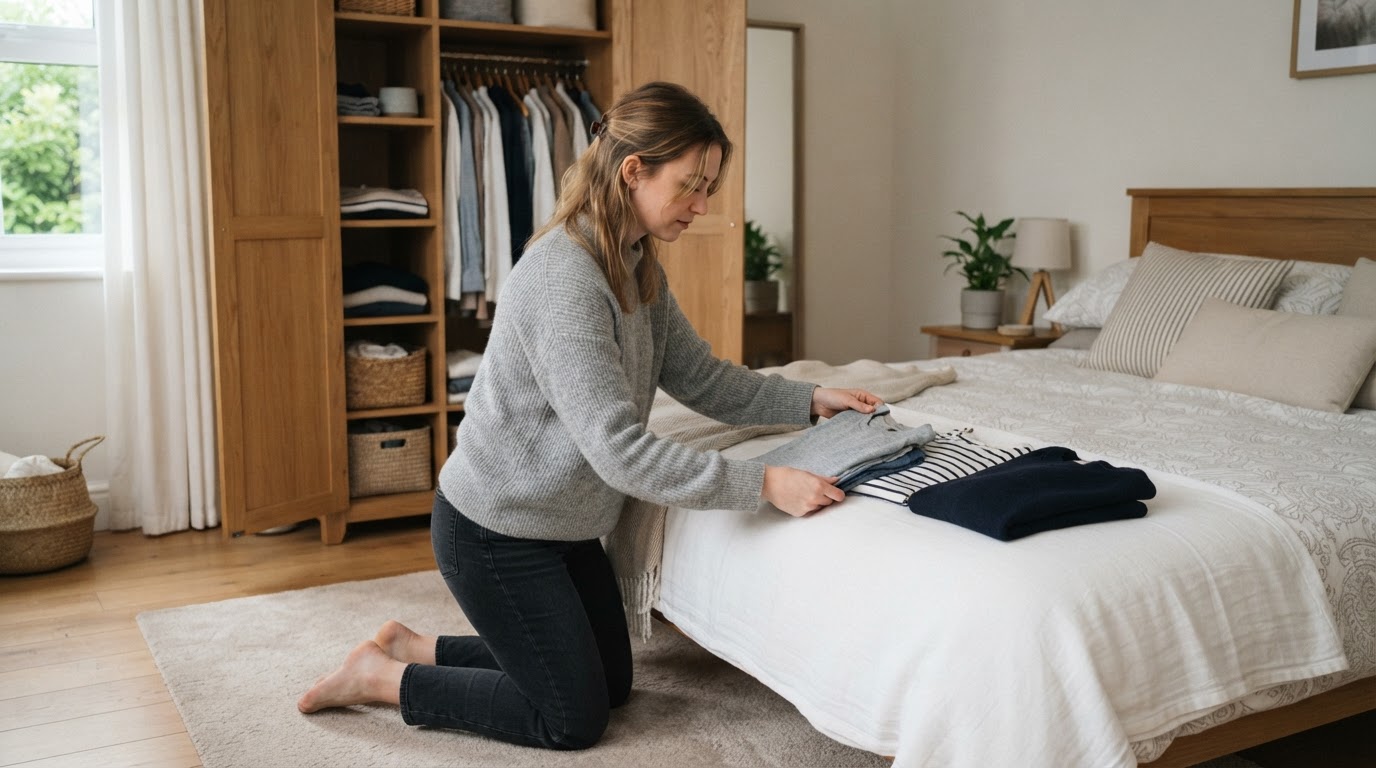 Person folding and counting a small stack of clothing pieces beside a wardrobe
