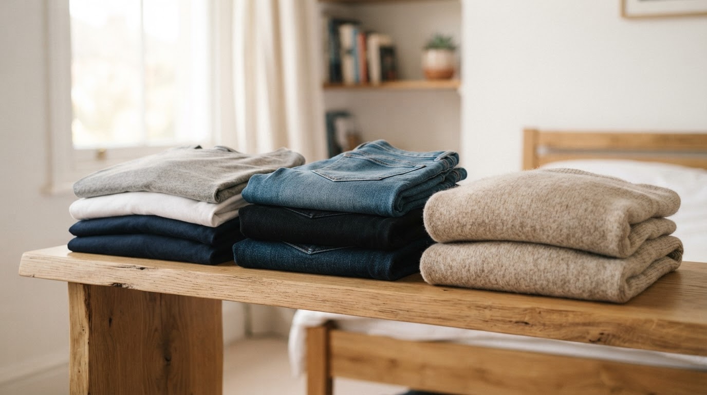 Folded t-shirts, jeans and a jumper sorted by category on a shelf