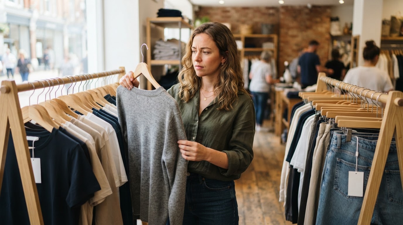 Woman browsing a rail of casual clothing basics in a high-street shop