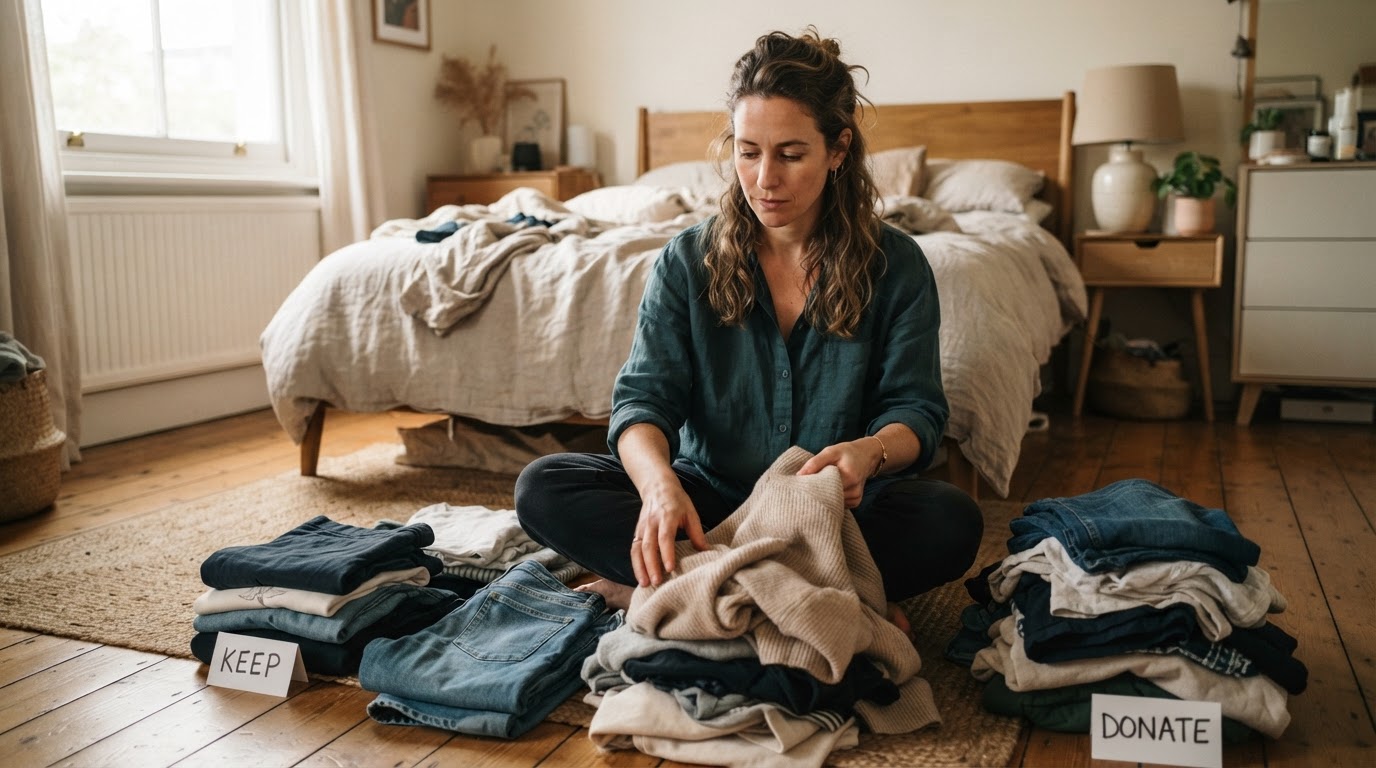 Woman sitting on a bedroom floor sorting clothes into separate piles