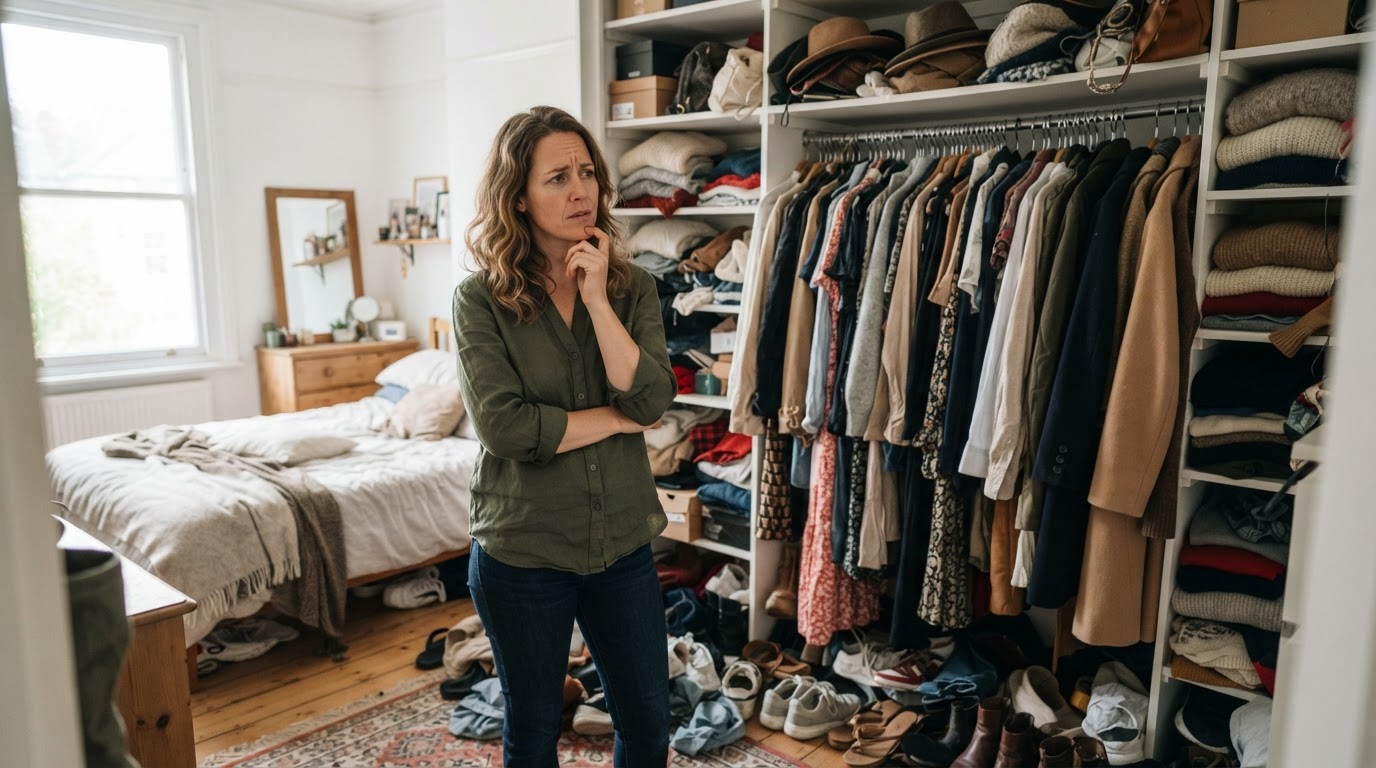 Woman looking overwhelmed in front of an overstuffed disorganized wardrobe