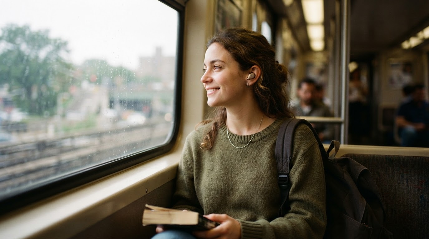 Wireless Earbuds for Commuting Person listening to music with wireless earbuds on a train