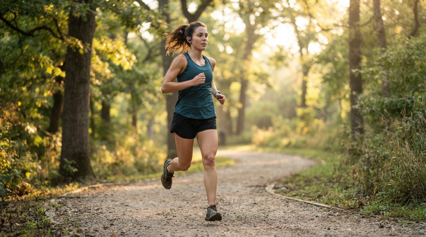 Sports Earbuds for Running Runner with Bluetooth earbuds jogging on a forest trail